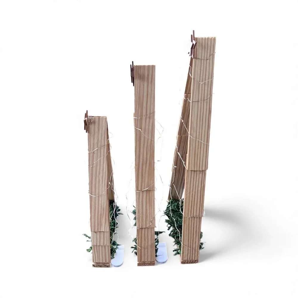 Set of‎ 3 Rustic Wooden Christmas Trees with Lights, 10, 13.5, 15 in. Heights